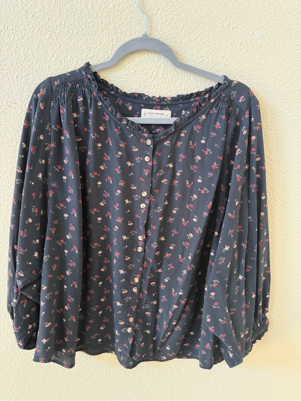 Lucky Brand Black Floral Button-Front Boho Blouse